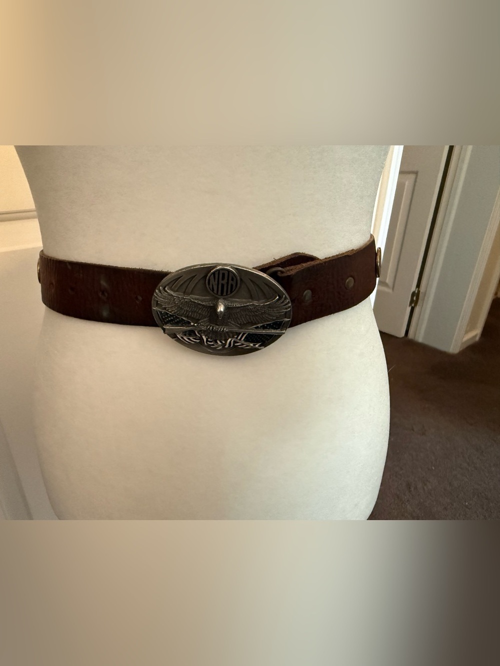 Vintage 1994 Nocona Brown Leather Belt 3D Eagle NRA Flag & Rifle Buckle 12 Gauge